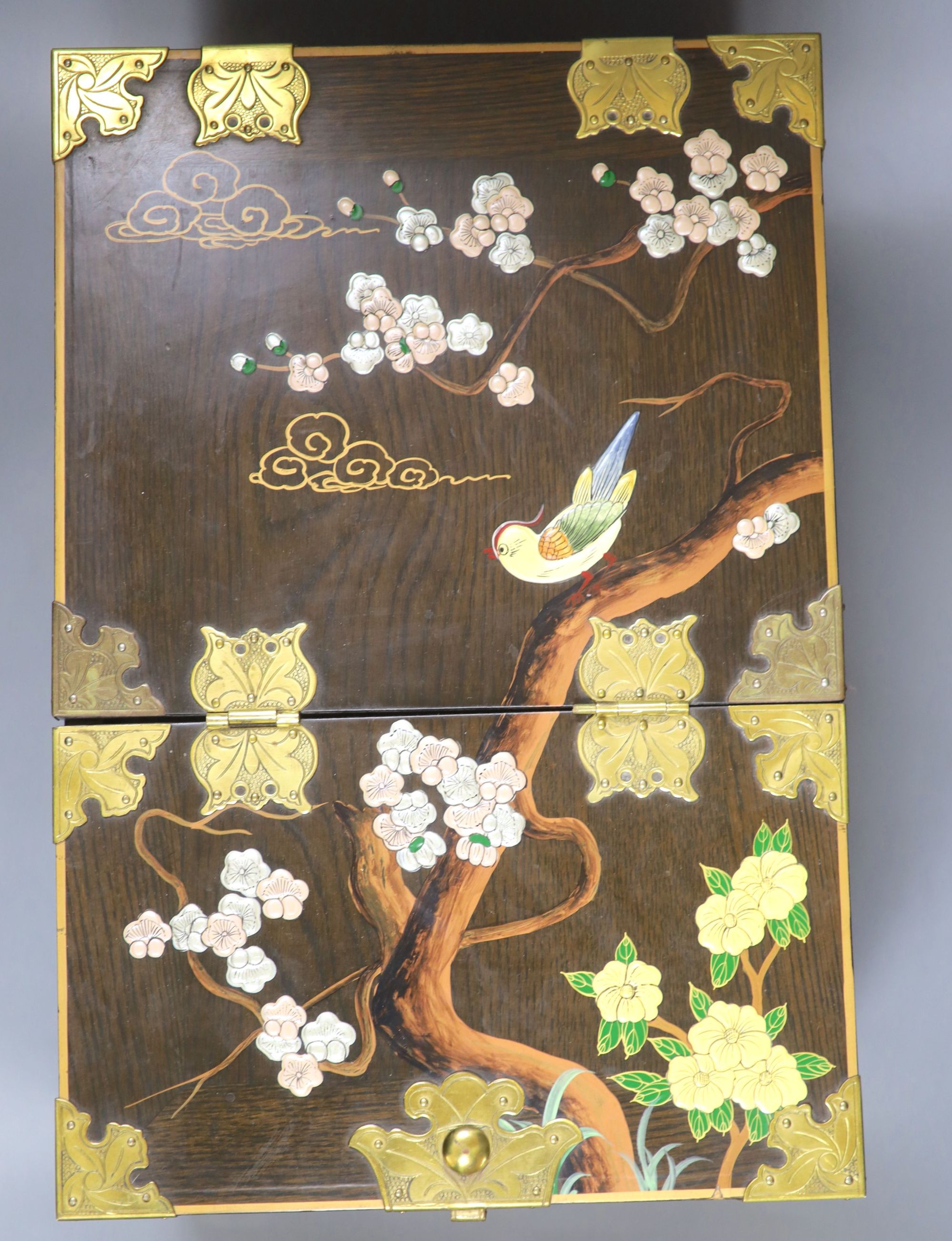 A Chinese wood and polychrome lacquer dressing box, 37cm